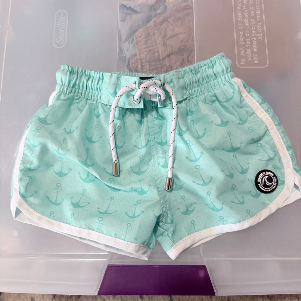 Mint Green Anchor Print Kids Swim Trunks